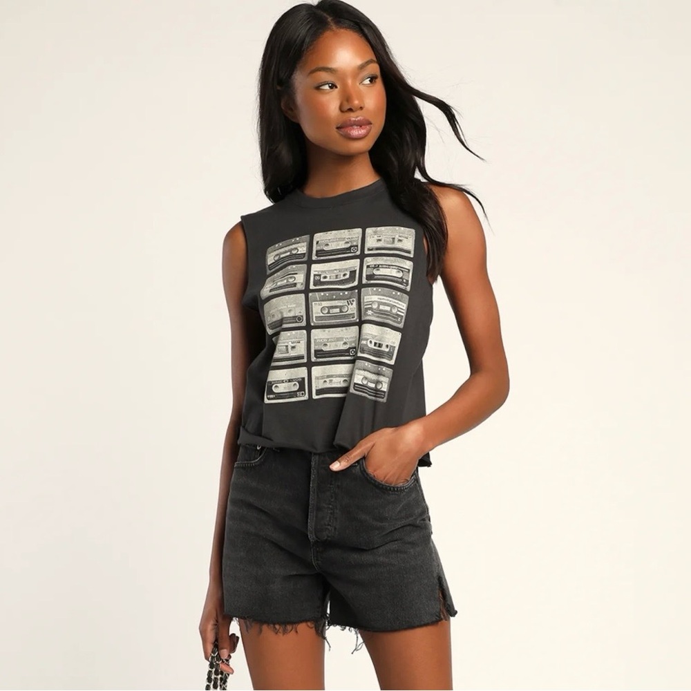 LIKE NEW LULUS Prince Peter Cassette Washed Black Cropped Muscle Tank Top